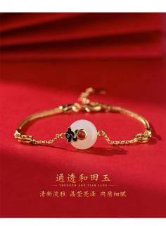 天然和田玉14k包金手链简约轻奢女复古风手串招财平安扣转运手链